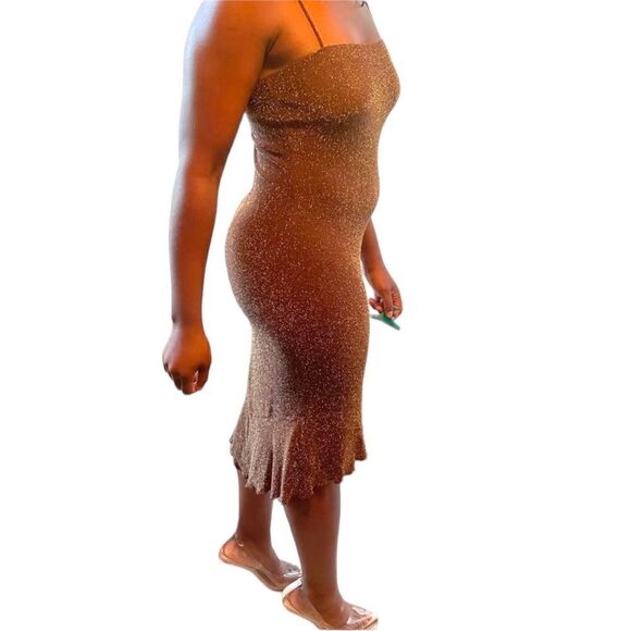PIA Vintage Brown metallic gold bronze hi-lo dress - Picture 1 of 16